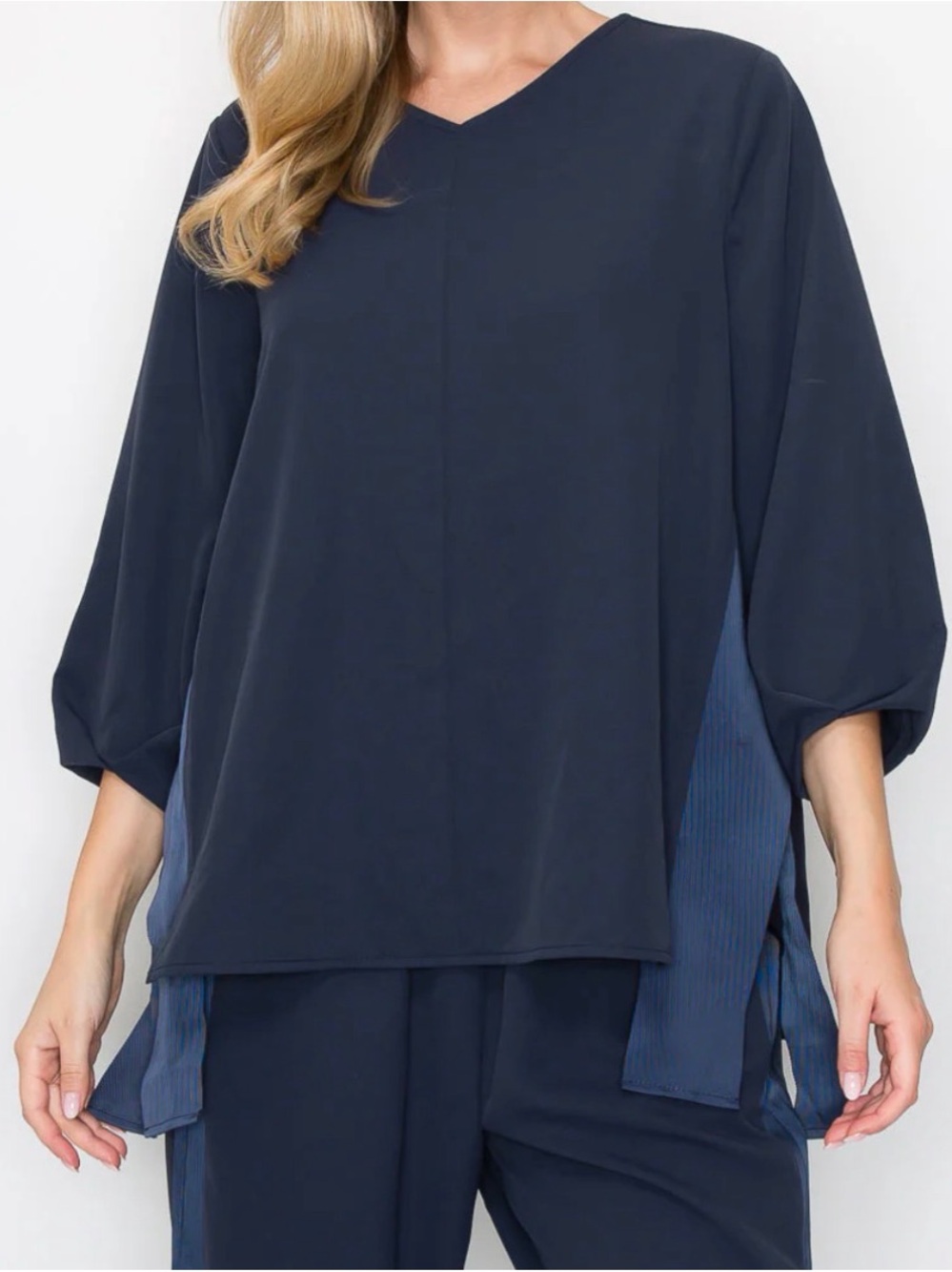 Joh. Relaxed Navy V-Neck Tunic with Pleated Side Panels